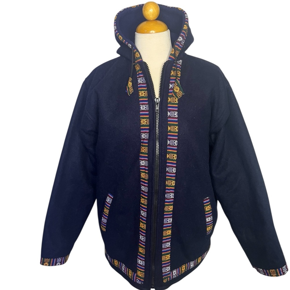 Navy Hooded Jacket with Patterned Trim Medium M wool